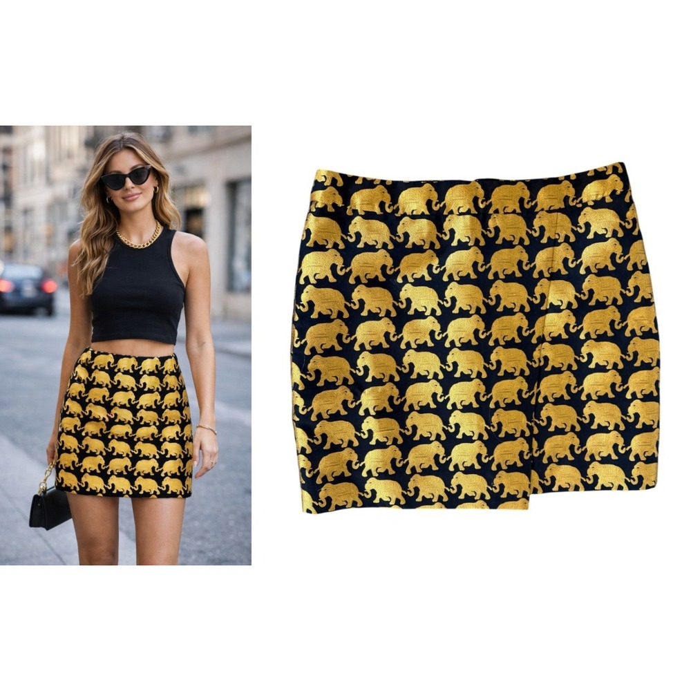 J.Crew Metallic Elephant Jacquard Faux Wrap Mini‎ Skirt Preppy Brocade Sz 2